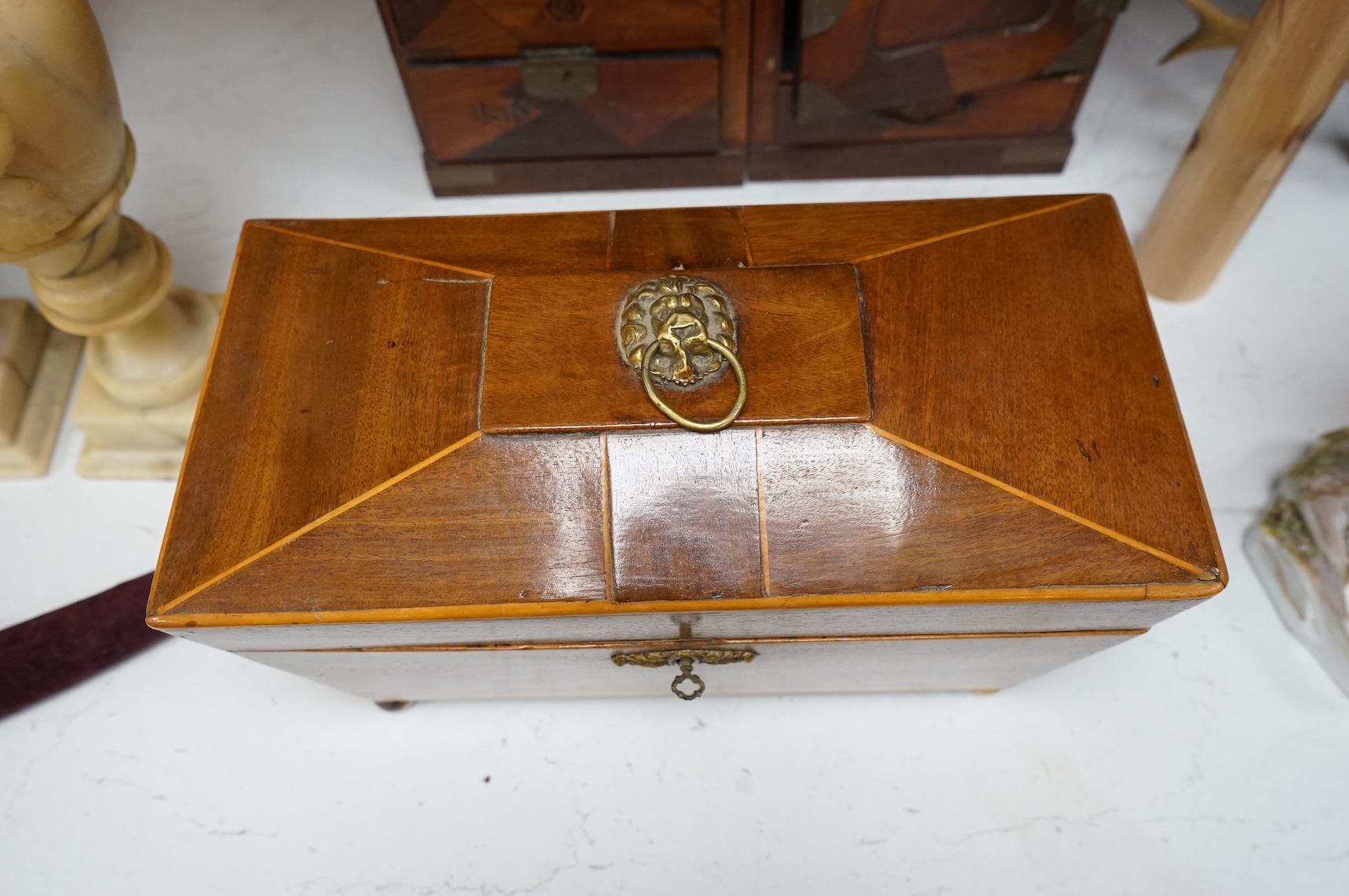 A Japanese parquetry table-top cabinet and a 19th century tea caddy, cabinet 33cm wide, 26cm high.
